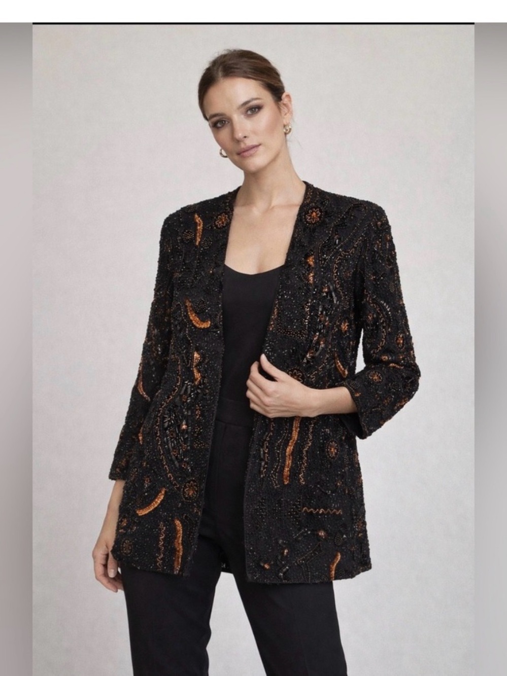 Black Beaded Open-Front Blazer with Copper Accents Silk Shell Hand Beaded